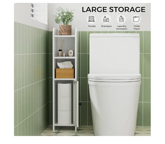 Elegant White Slim Bathroom Storage Cabinet – Multi-Functional Shelf with Door