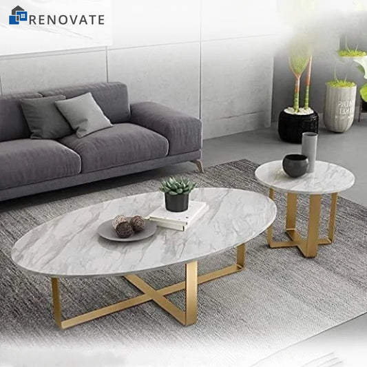 Luxury Center Table Set – Gold Mild Steel Frame with Acrylic Top + 2 Round Side Tables