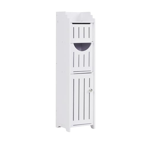 Compact Corner Bathroom Cabinet – Pearl White Farmhouse Storage Unit with Toilet Paper Holder for Narrow Spaces