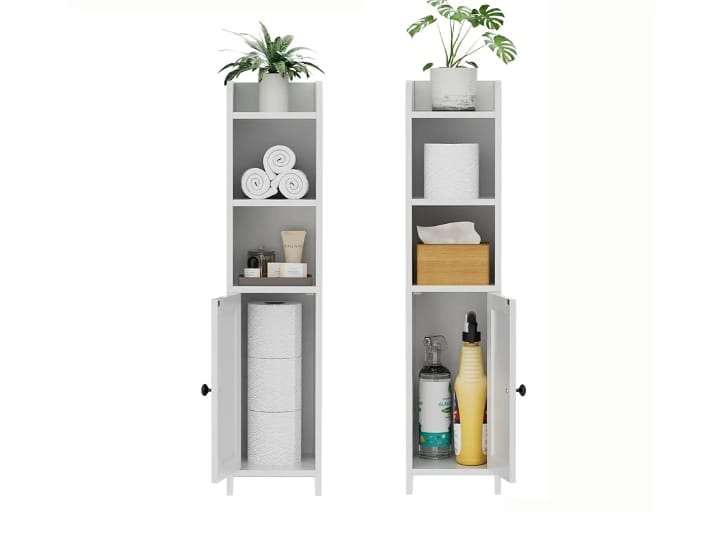 Elegant White Slim Bathroom Storage Cabinet – Multi-Functional Shelf with Door