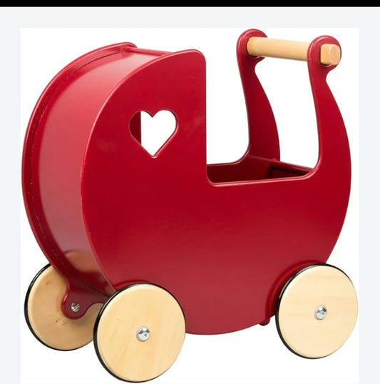 Wooden Doll Pram Stroller – Heart Cut-Out Design – Toddler Push Toy