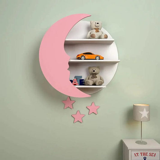 Moon and Stars Wooden Wall Shelf for Kids Room Decoration