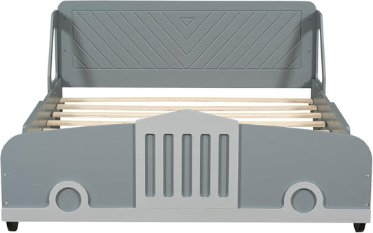 Full-Size Car-Shaped Wooden Platform Bed – Solid Wood Kids & Teens Bed Frame with Wheels and Strong Slatted Support (Gray Finish)