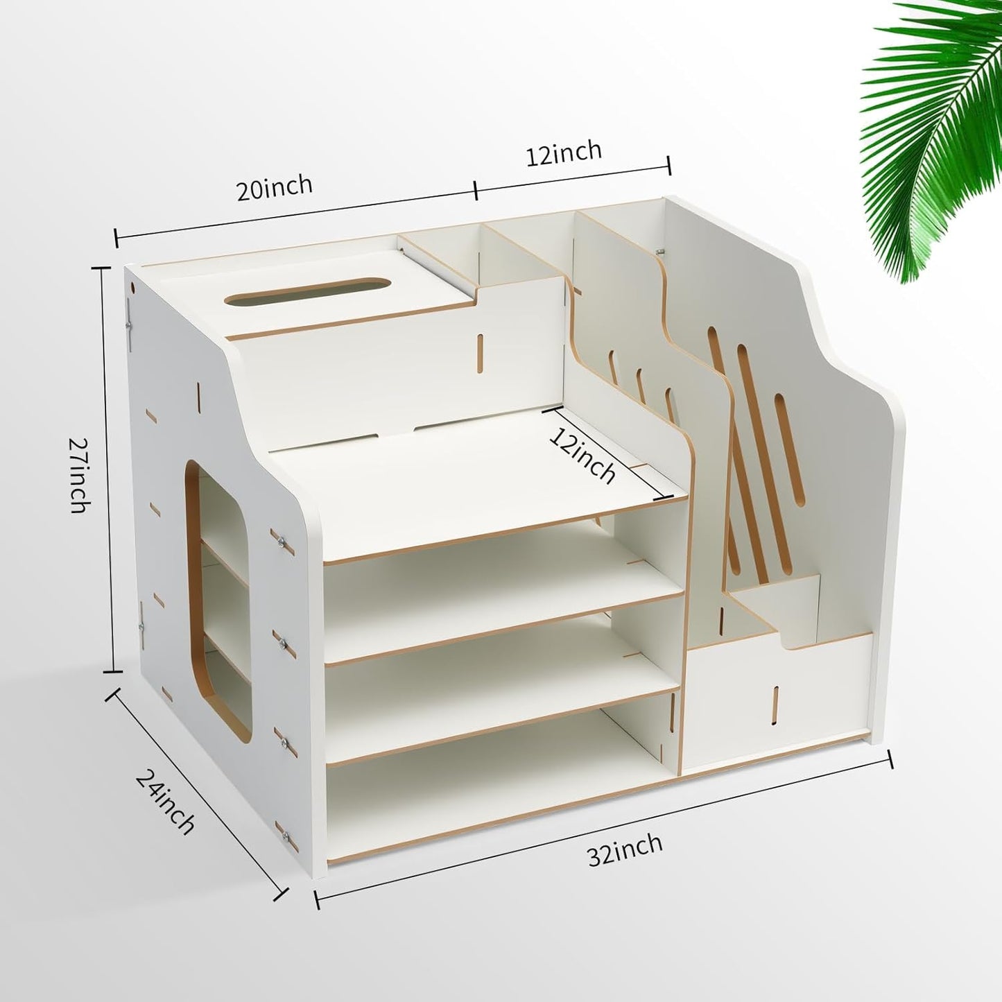 4-Layer Wooden Desktop Organizer with Tissue Box & Pen Holder – White Office Desk Storage Rack for Stationery, Files & Accessories