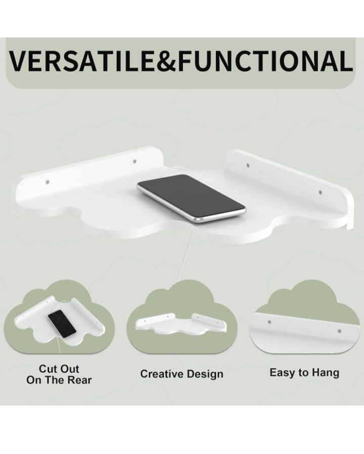 Creative Cloud Shape Wall Wooden Shelf with Cable Cut-Out, Easy to Hang for Bedroom, Living Room & Kids Room (White)