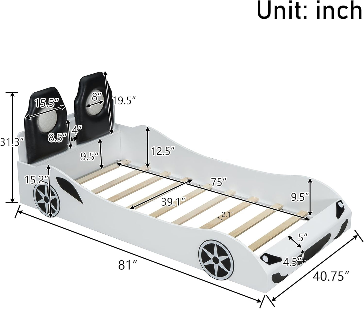 Twin Size Blue Race Car Bed with LED Lights & Upholstered Backrest – Solid Wood Car-Shaped Platform Bed Frame with Dual Seats for Kids & Teens Bedroom