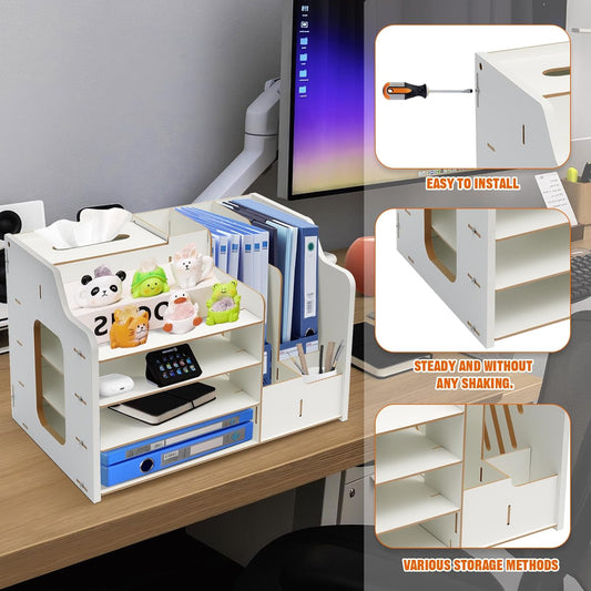 4-Layer Wooden Desktop Organizer with Tissue Box & Pen Holder – White Office Desk Storage Rack for Stationery, Files & Accessories