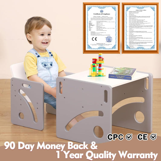 FUNLIO Montessori Toddler Table & Chair Set – Adjustable Wooden Weaning Set for Ages 1-3, Grey