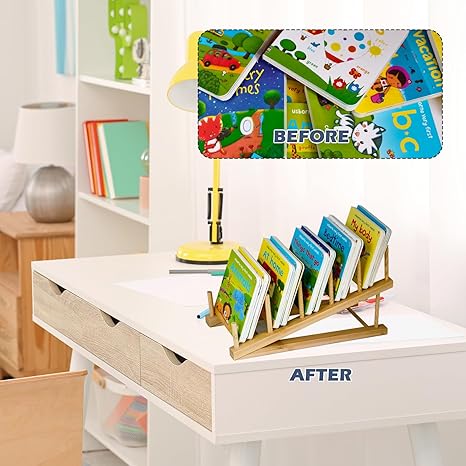 Tabletop Book Organizer Rack – Wooden Book Shelf for Kids, Students & Office Desk