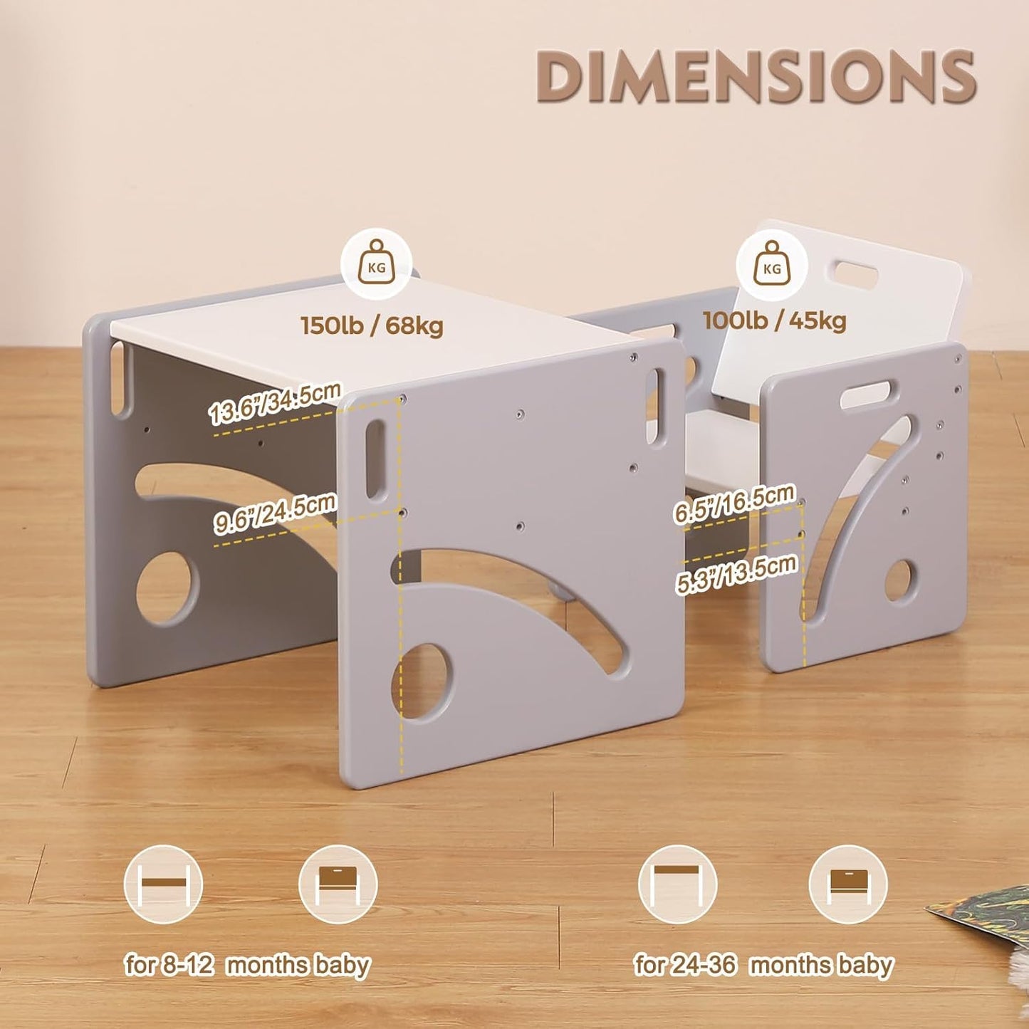 FUNLIO Montessori Toddler Table & Chair Set – Adjustable Wooden Weaning Set for Ages 1-3, Grey