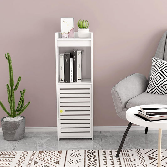 Slim 4-Tier Bathroom Storage Cabinet – Narrow Organizer with Door & Open Shelves for Small Spaces