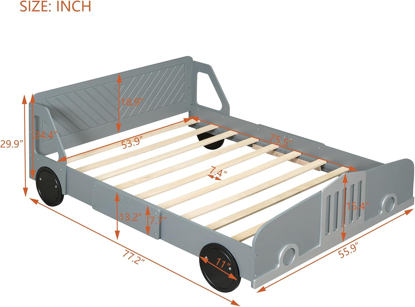 Full-Size Car-Shaped Wooden Platform Bed – Solid Wood Kids & Teens Bed Frame with Wheels and Strong Slatted Support (Gray Finish)