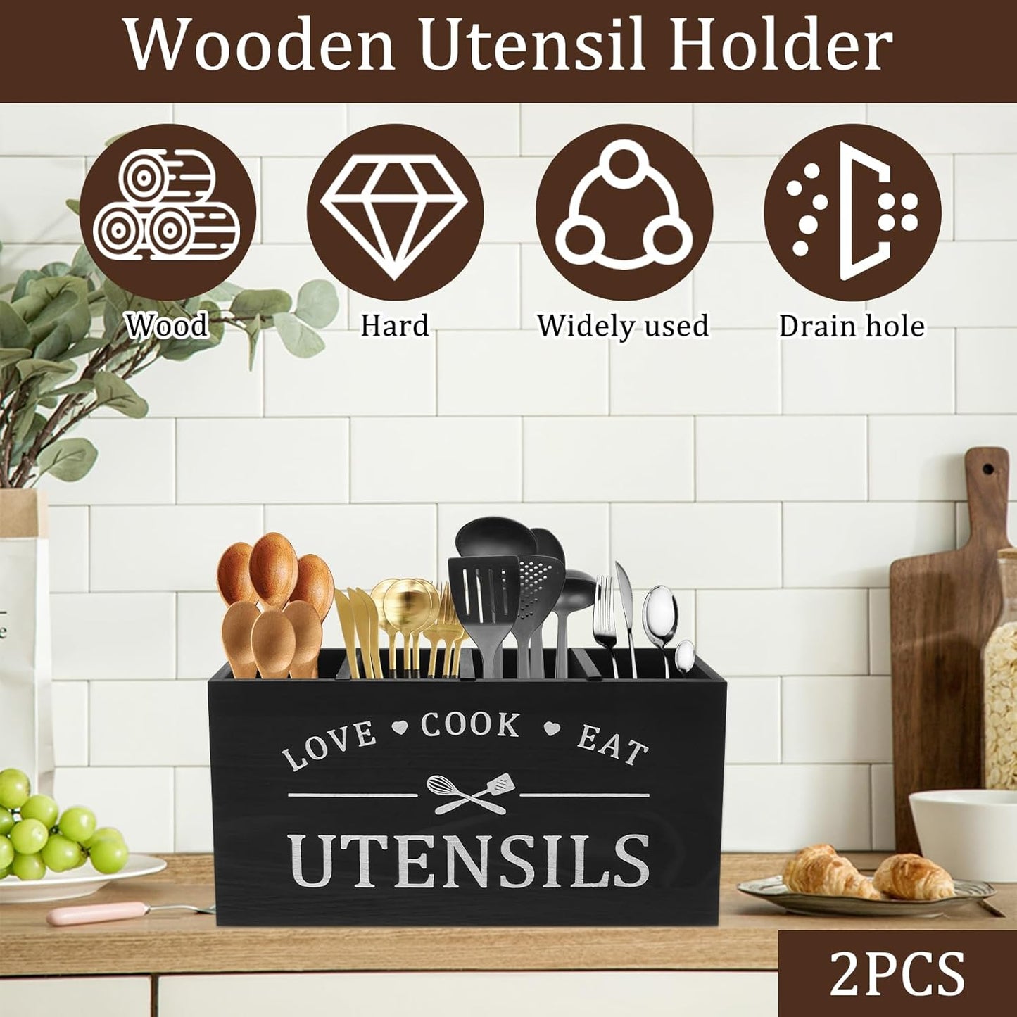 Multi-Use Wooden Utensil Organizer – Farmhouse Kitchen Caddy with 4 Slots & Handles