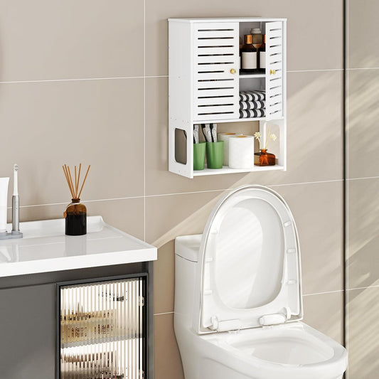 3-Tier Wall Cabinet with Doors – White Bathroom & Kitchen Organizer