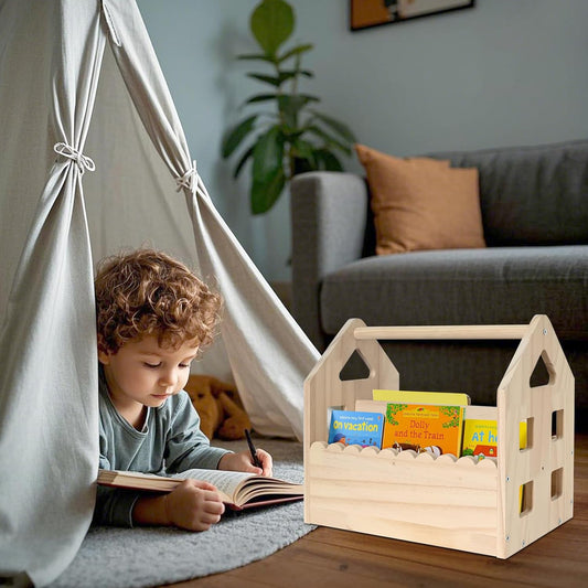 Montessori Wooden Double-Sided Bookshelf – Scalloped House Shape Bookcase for Toddlers (Ages 1-5), Cute & Compact Nursery Storage