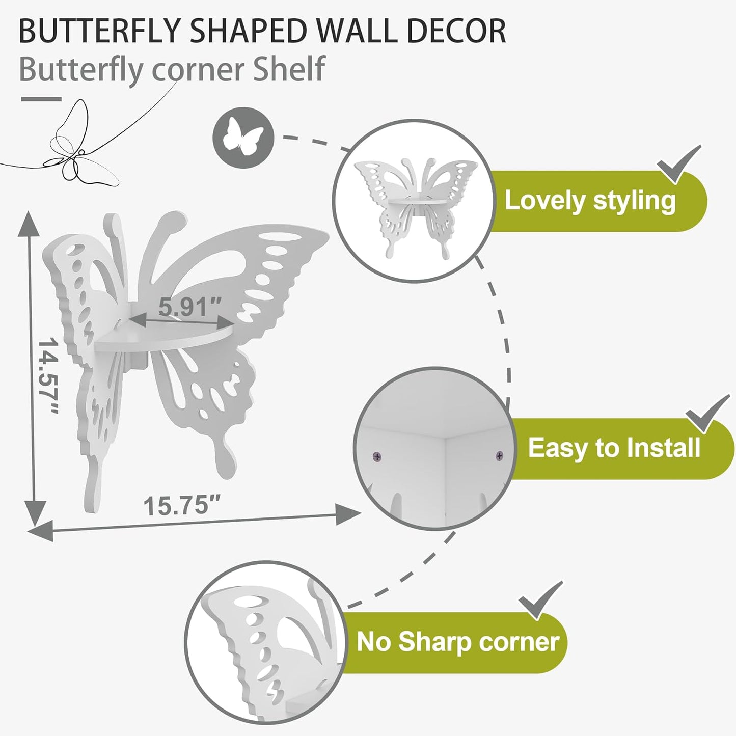 Butterfly Corner Wall Shelf – Cute White Floating Shelf for Nursery, Kids’ Room & Home Decor | Hollow Design Decorative Wall Storage