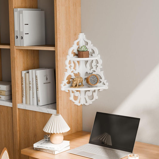 2-Tier Vintage White Corner Wall Shelf – Wooden Hanging Display Shelf with Cut-Out Design for Living Room, Bedroom & Study Décor
