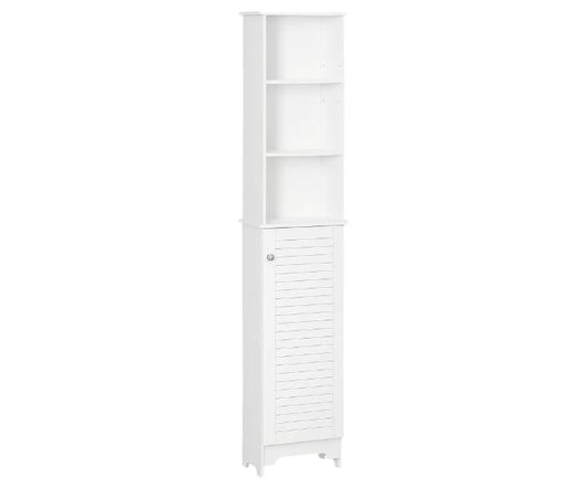 Slim White Storage Cabinet with Shelves and Door