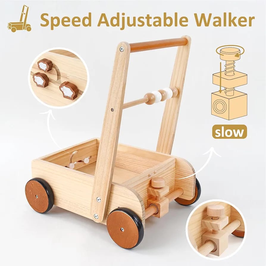 Wooden Speed Adjustable Baby Walker – Toddler Push Cart with Storage