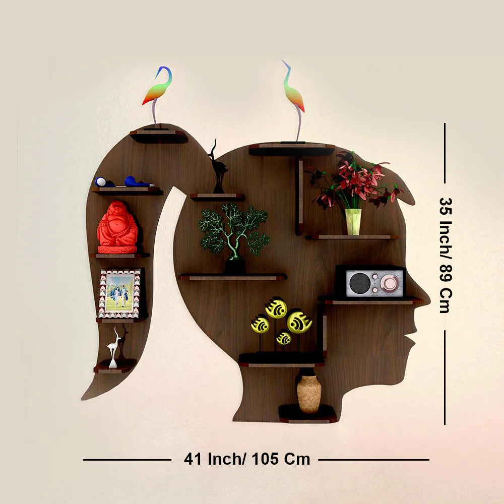 Girl Backlit Wooden Wall Shelf / Designer Book Shelf / Night Light – Walnut Finish