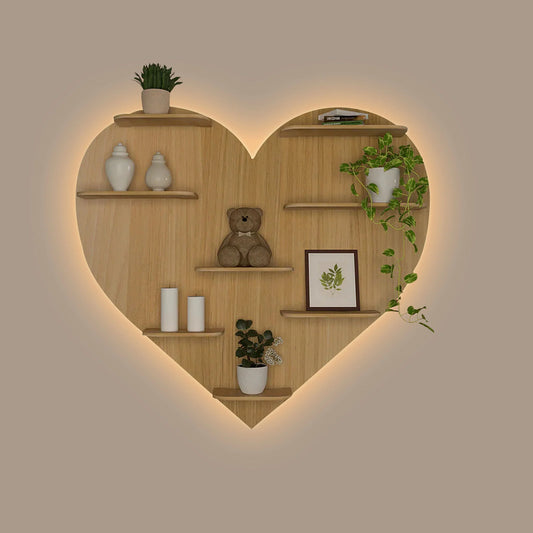 Heart Design Wooden Wall Shelf – Decorative Bookshelf in Light Oak