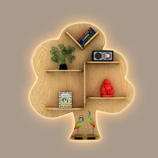 Tree-Shaped Wooden Wall Shelf – Light Oak Finish | Book & Decor Rack