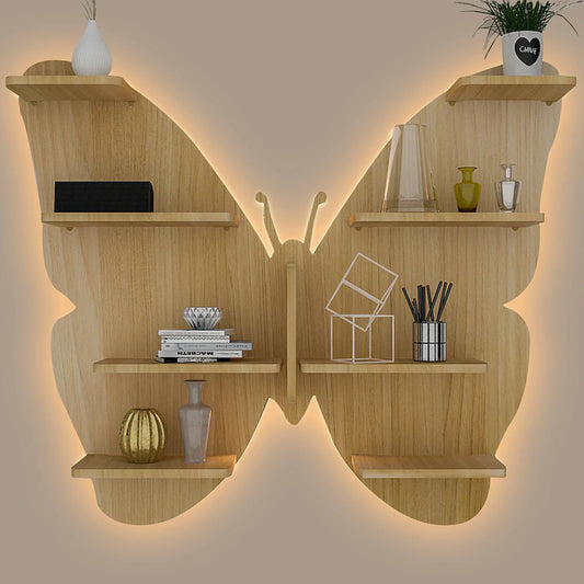Butterfly Shaped Designer Wooden Wall Shelf – Oak Finish | Books & Décor