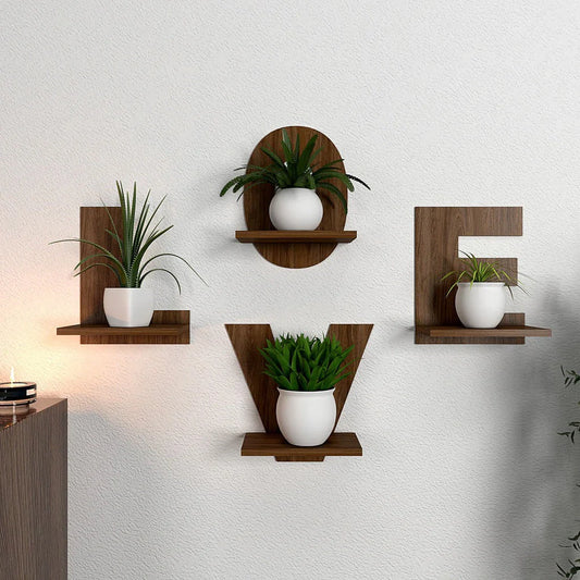 "LOVE Shaped Wall Planter Shelves – Set of 4 | Dark Walnut Wooden Alphabet Shelf Décor"