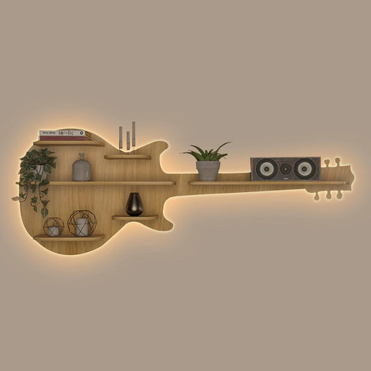 Guitar Shape Designer Wooden Wall Shelf – Oak Finish | Book & Decor Rack