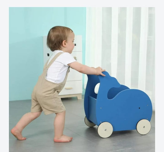 Wooden Baby Walker Cart – Blue Giraffe Design | Push Toy for Toddlers