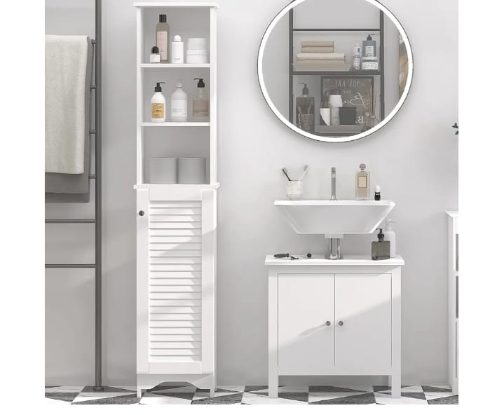 Slim White Storage Cabinet with Shelves and Door