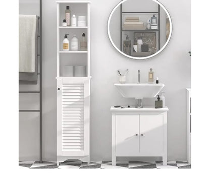 Slim White Storage Cabinet with Shelves and Door