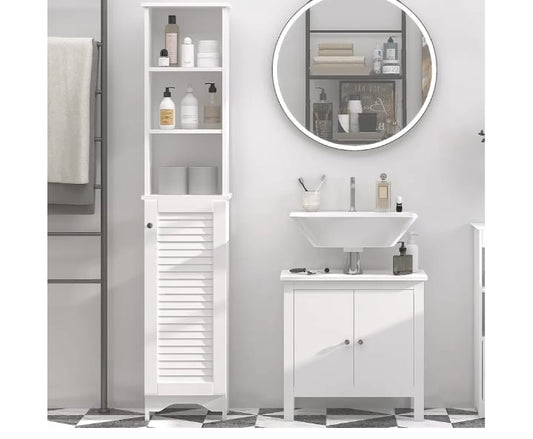 Slim White Storage Cabinet with Shelves and Door
