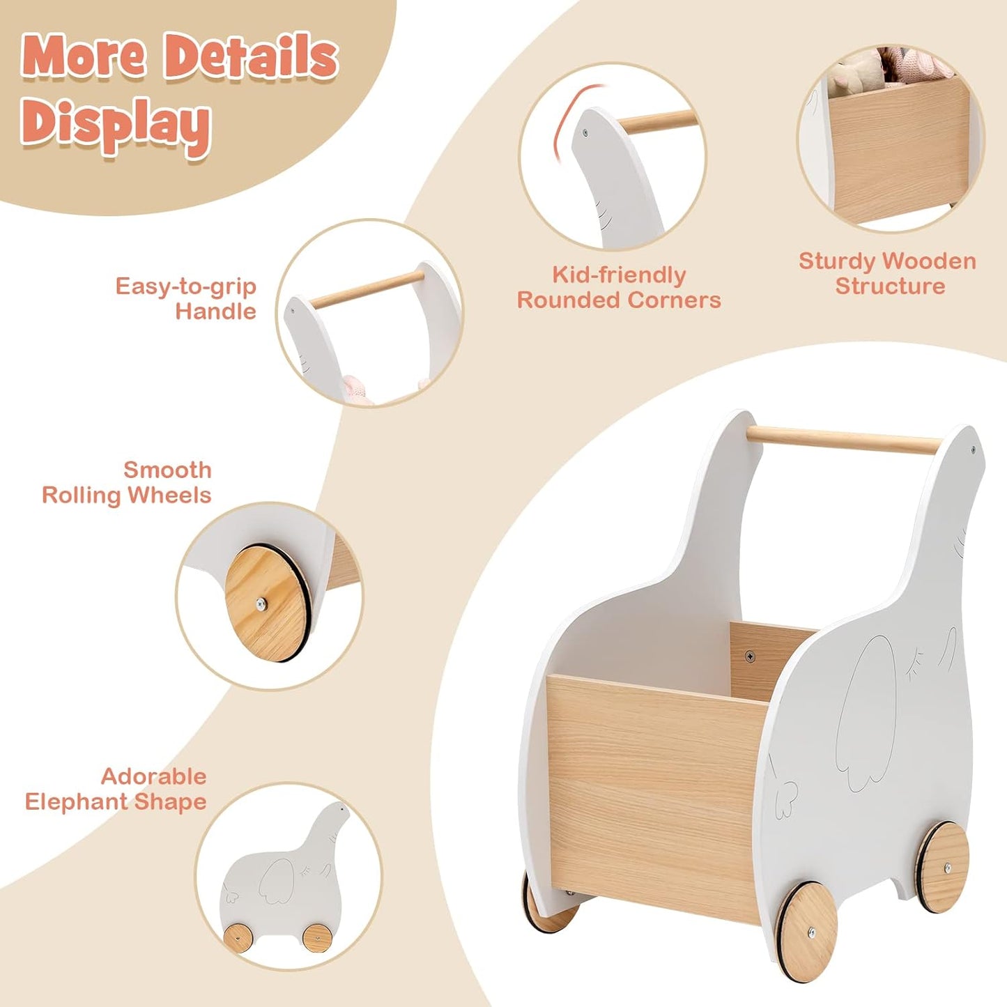 Wooden Baby Walker Dinosaur Cart – Push Toy with Storage for Toddlers