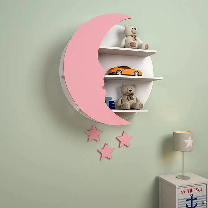 Moon and Stars Wooden Wall Shelf for Kids Room Decoration