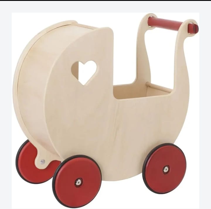 Wooden Doll Pram Stroller – Heart Cut-Out Design – Toddler Push Toy