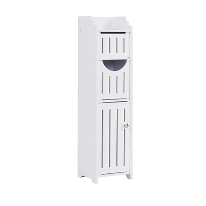 Compact Corner Bathroom Cabinet – Pearl White Farmhouse Storage Unit with Toilet Paper Holder for Narrow Spaces