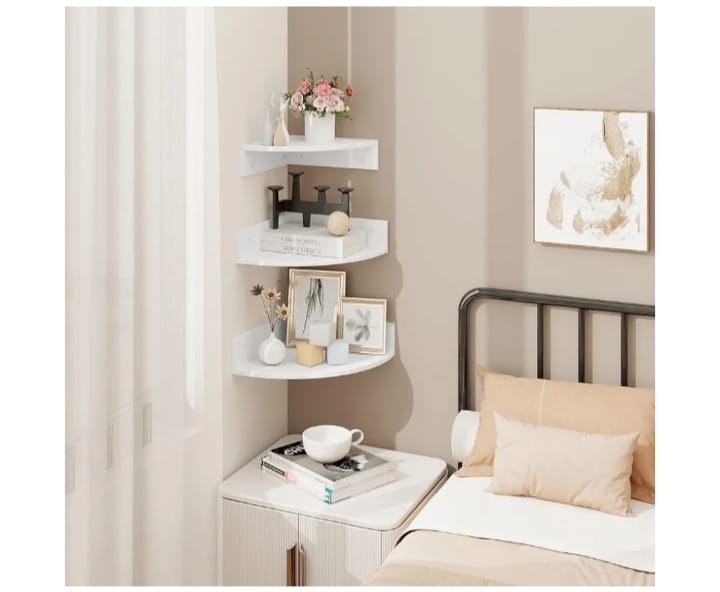 Modern Floating Corner Wall Shelves – Set of 3 Wooden Corner Display Racks for Living Room, Bedroom & Kitchen (White)