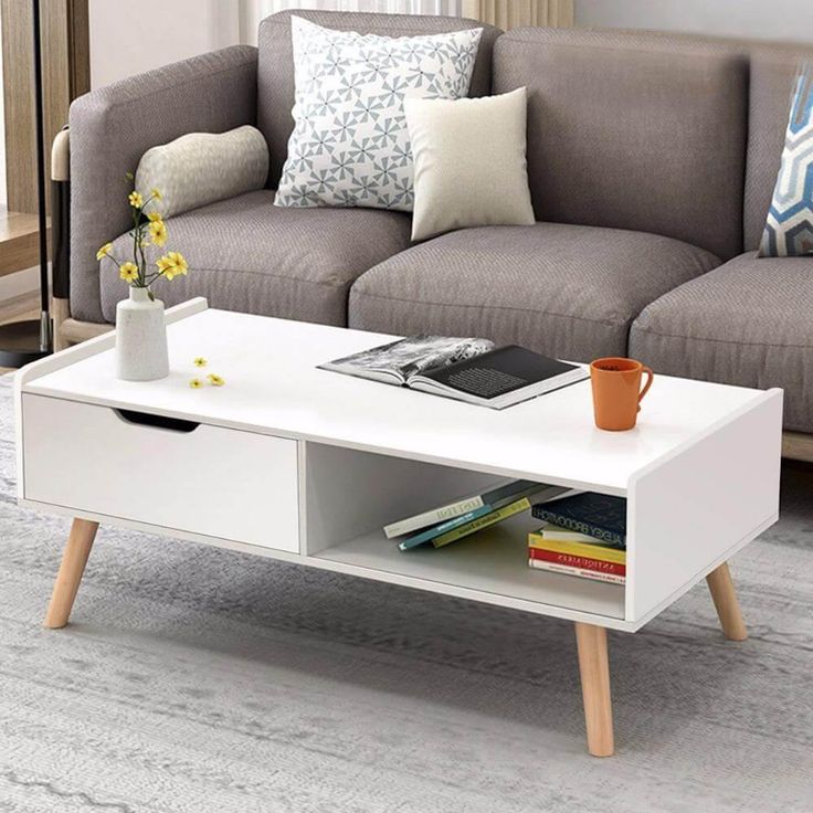 Modern White Wooden Coffee Table with Drawer & Open Shelf – Scandinavian Living Room Center Table
