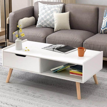 Modern White Wooden Coffee Table with Drawer & Open Shelf – Scandinavian Living Room Center Table