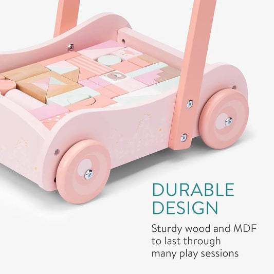 Pink Wooden Baby Walker with Blocks – Learning Push Toy for Toddlers