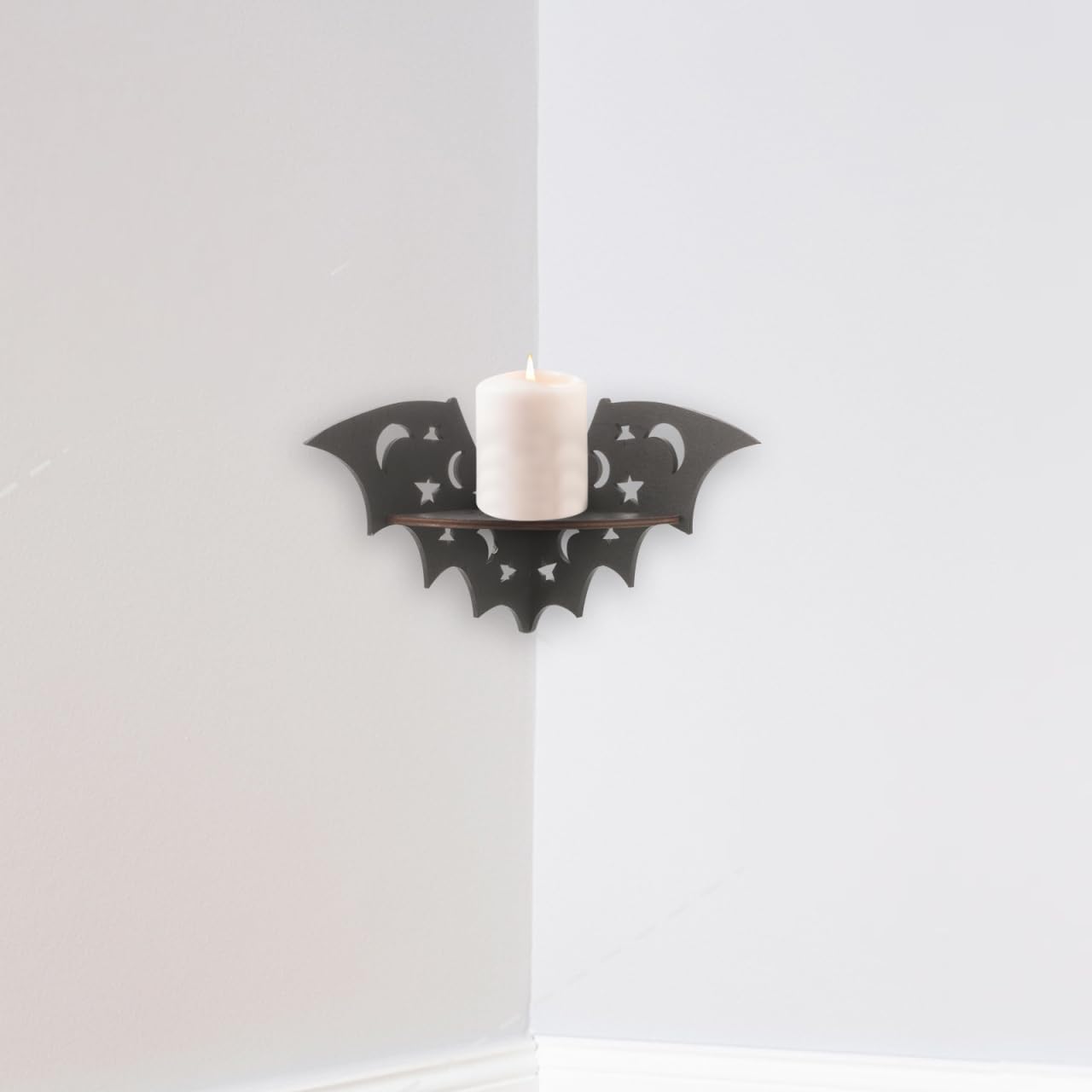 Bat-Shaped Floating Wall Shelf – 20cm Black Solid Wood Corner Rack | Rustic Bat Decor for Bedroom, Bathroom & Kitchen | Halloween & Everyday Display