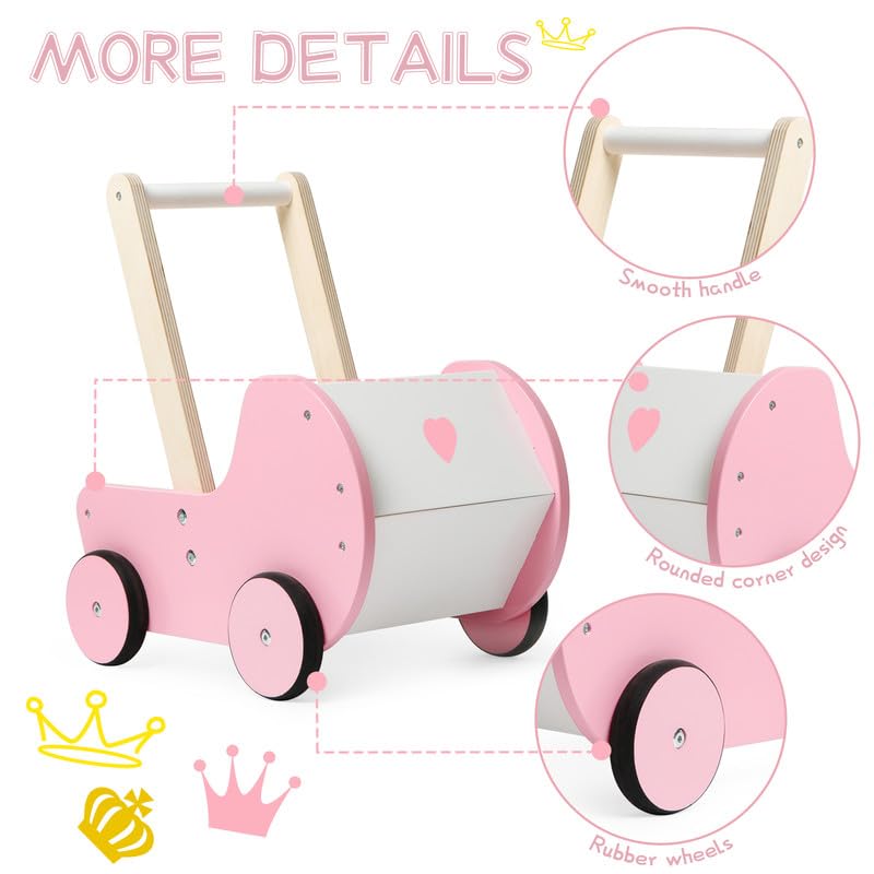 Pink Wooden Baby Walker Cart – Toddler Push Toy with Storage Box