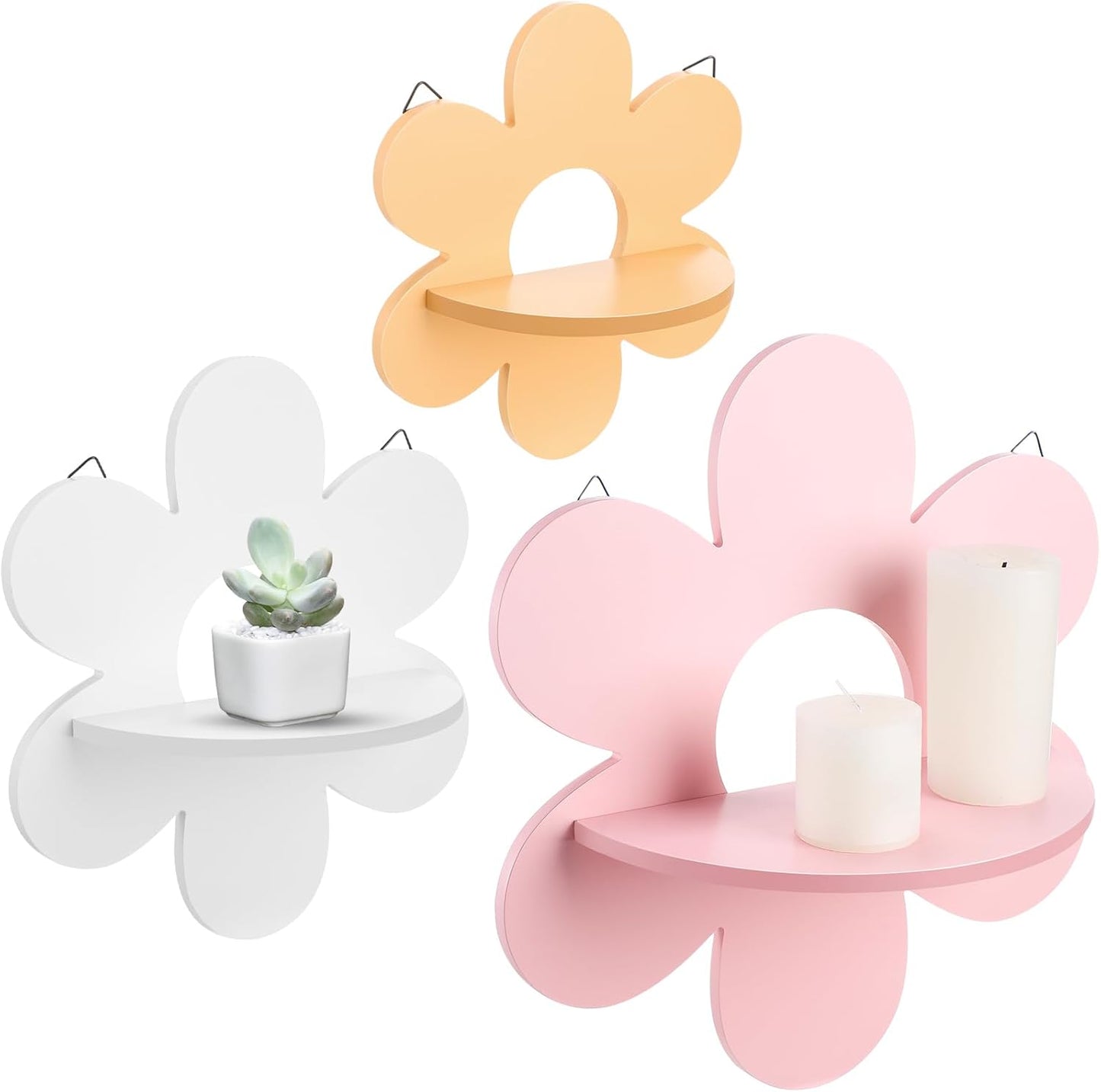 Soaoo 3-Piece Daisy Flower Wall Shelves – Boho Wooden Floating Plant Shelves & Hanging Display Racks for Living Room, Bedroom, or Bathroom (Pink, White & Yellow)