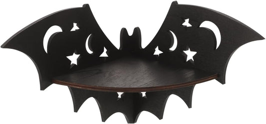 Bat-Shaped Floating Wall Shelf – 20cm Black Solid Wood Corner Rack | Rustic Bat Decor for Bedroom, Bathroom & Kitchen | Halloween & Everyday Display
