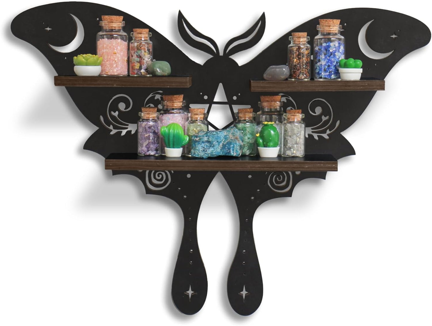 Moth of the Moon Crystal Display Shelf – Wooden Wall-Mounted Organizer for Crystals, Essential Oils & Witchy Home Décor (Style A)