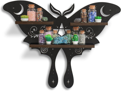 Moth of the Moon Crystal Display Shelf – Wooden Wall-Mounted Organizer for Crystals, Essential Oils & Witchy Home Décor (Style A)