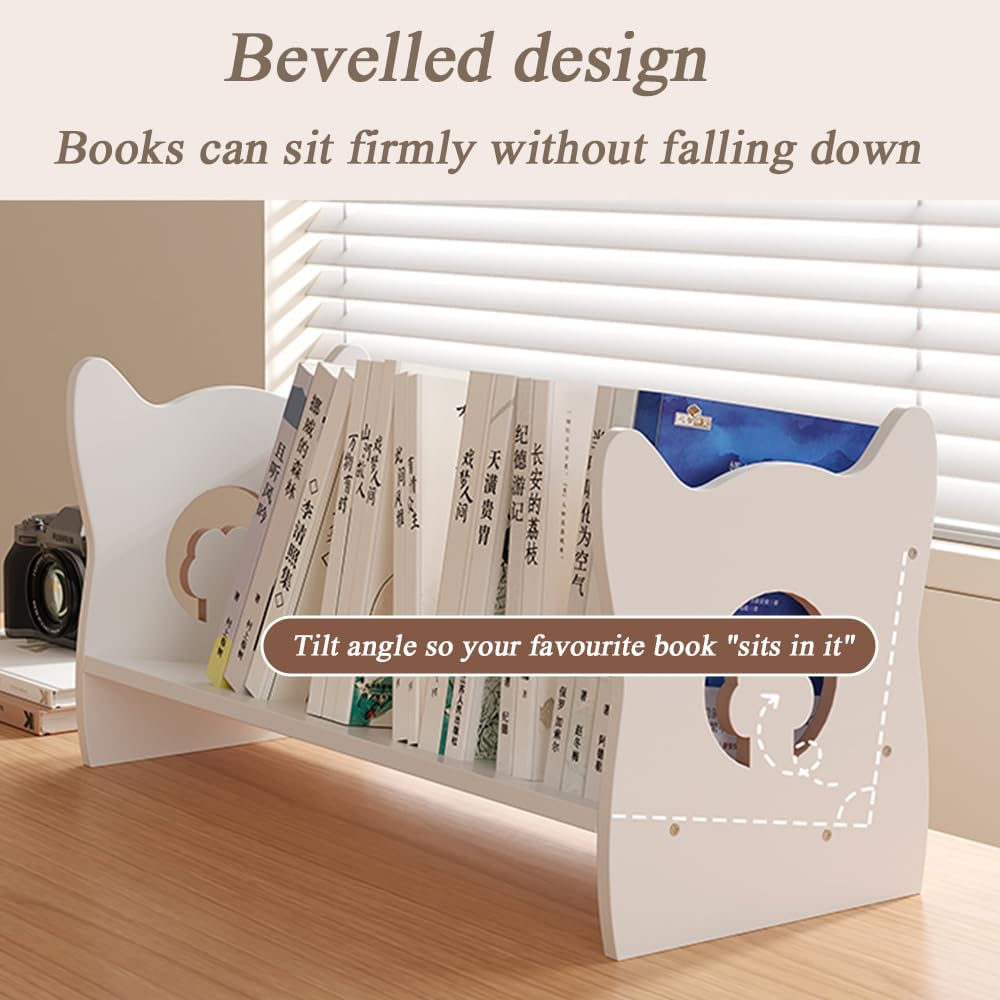 White MDF Desktop Bookshelf – Small Tilting Bookcase & Desk Organizer for Kids, Books, Magazines, and CDs