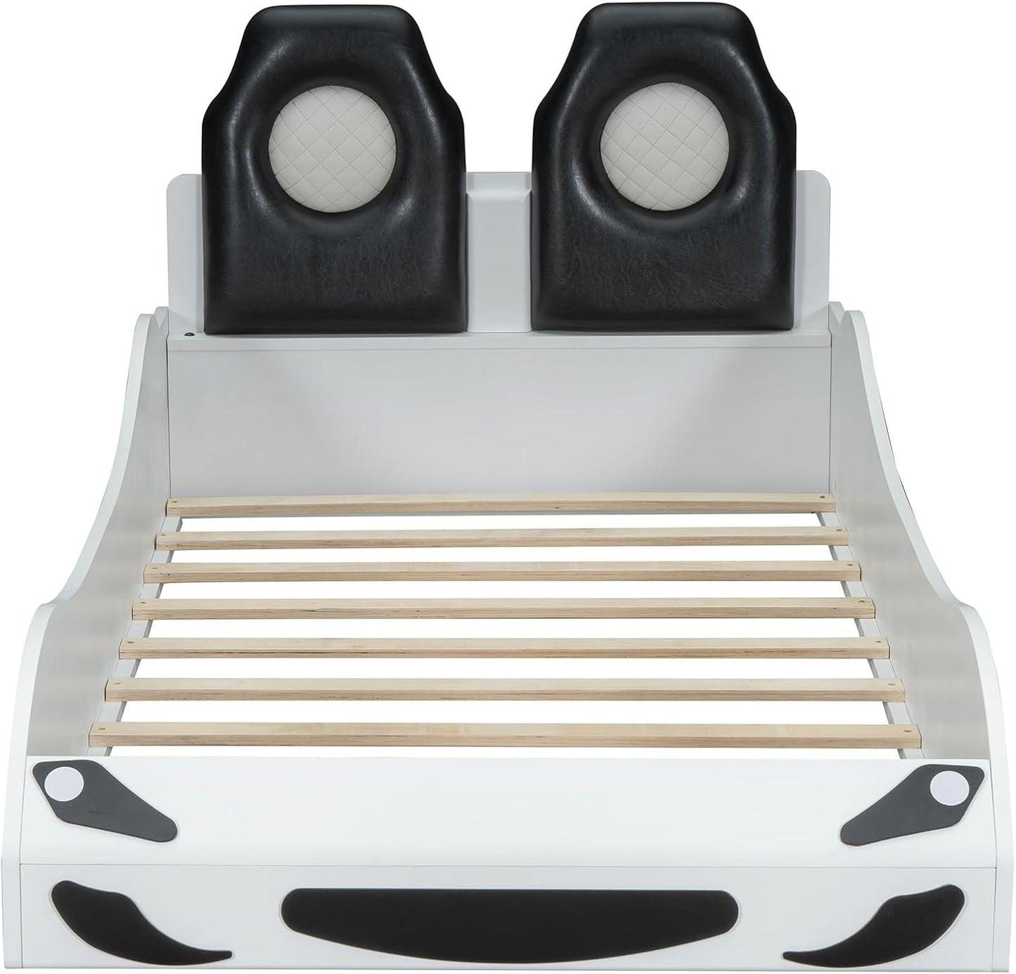 Twin Size Blue Race Car Bed with LED Lights & Upholstered Backrest – Solid Wood Car-Shaped Platform Bed Frame with Dual Seats for Kids & Teens Bedroom