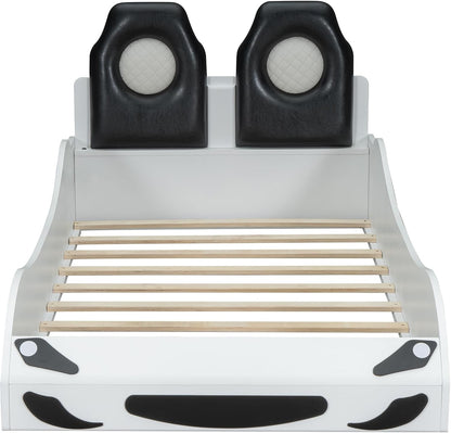 Twin Size Blue Race Car Bed with LED Lights & Upholstered Backrest – Solid Wood Car-Shaped Platform Bed Frame with Dual Seats for Kids & Teens Bedroom